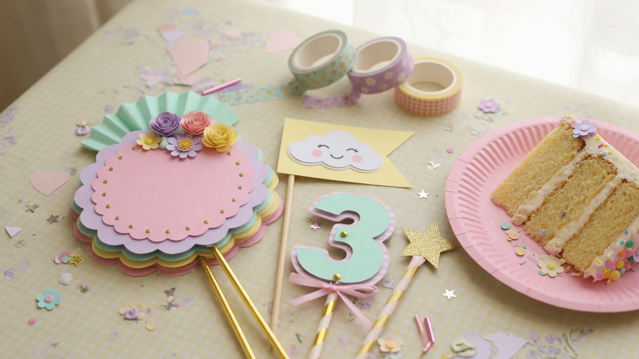 Handmade colourful cake toppers and party craft bits